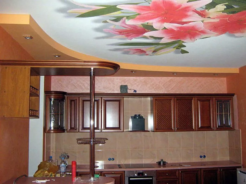 Дизайн кухни с натяжным потолком с рисунком