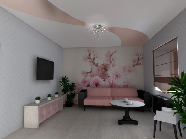 Одноуровневый натяжной потолок с небольшим принтом в сочетании с нежно-розовым стилем гостиной